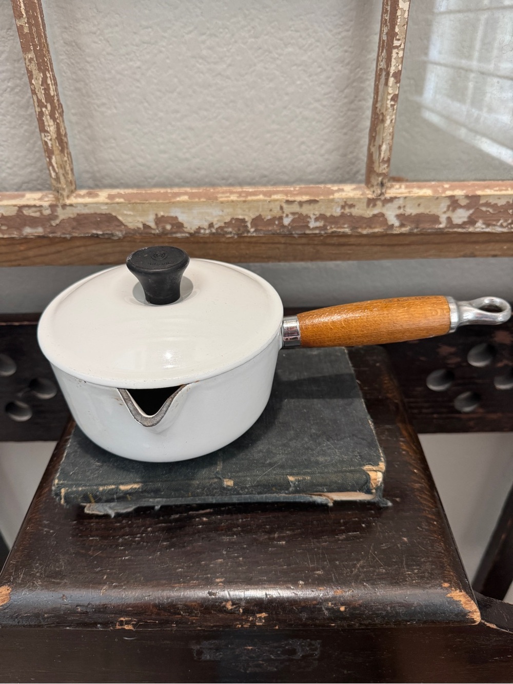 Rare Vintage White Enamel Saucepan with Wood Handle - Le Creuset